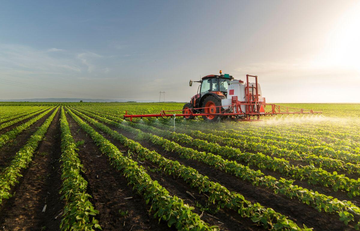 Farmer sprays pesticide on soybean field