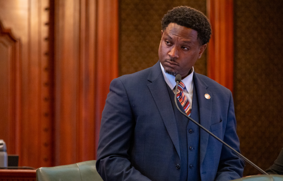Rep. Maurice West, D-Rockford, debates a broad election bil