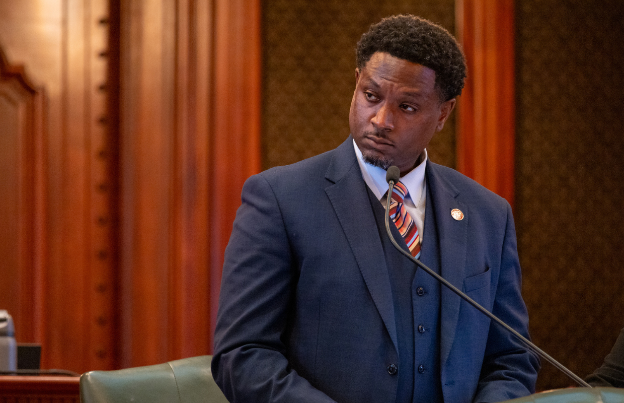 Rep. Maurice West, D-Rockford, debates a broad election bil