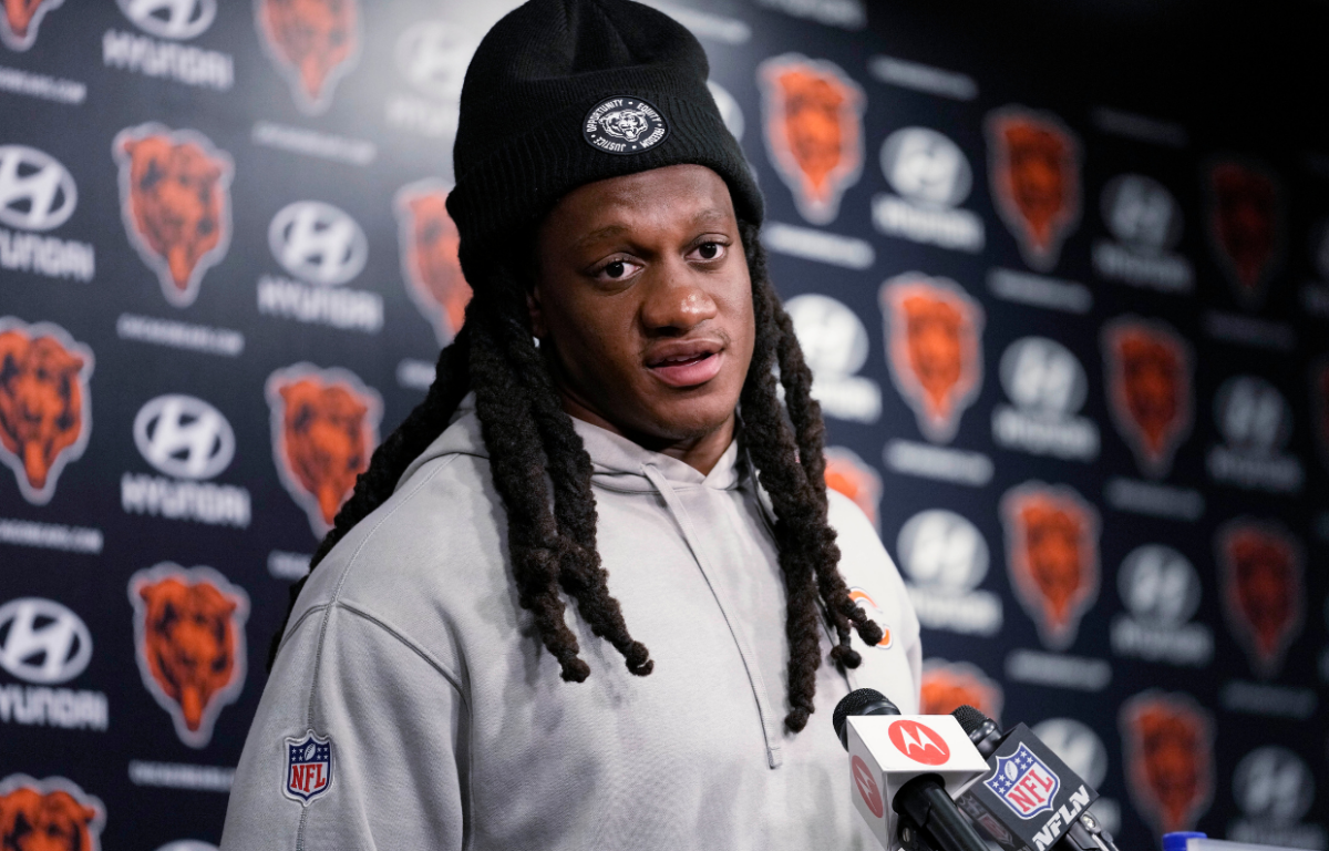 Chicago Bears linebacker Tremaine Edmunds listens to reporters at a news conference after NFL football practice in Lake Forest, Ill., Friday, May 31, 2024. (AP Photo/Nam Y. Huh)
