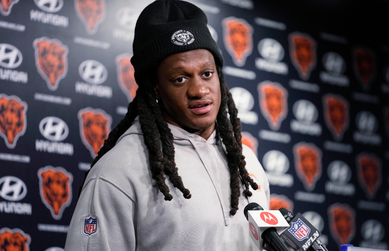 Chicago Bears linebacker Tremaine Edmunds listens to reporters at a news conference after NFL football practice in Lake Forest, Ill., Friday, May 31, 2024. (AP Photo/Nam Y. Huh)