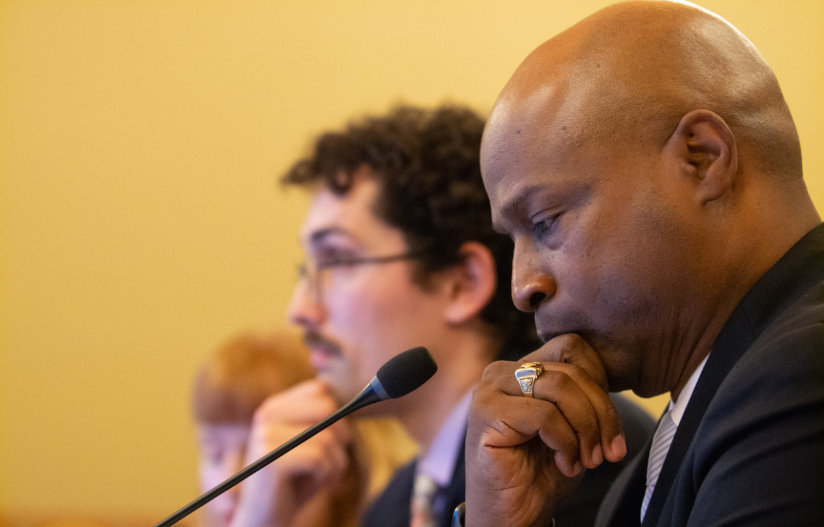 House Speaker Emanuel “Chris” Welch is pictured with members of the Illinois Legislative Staff Association organizing committee testifying in front of an October 2023 committee hearing. (Capitol News Illinois photo by Jerry Nowicki)