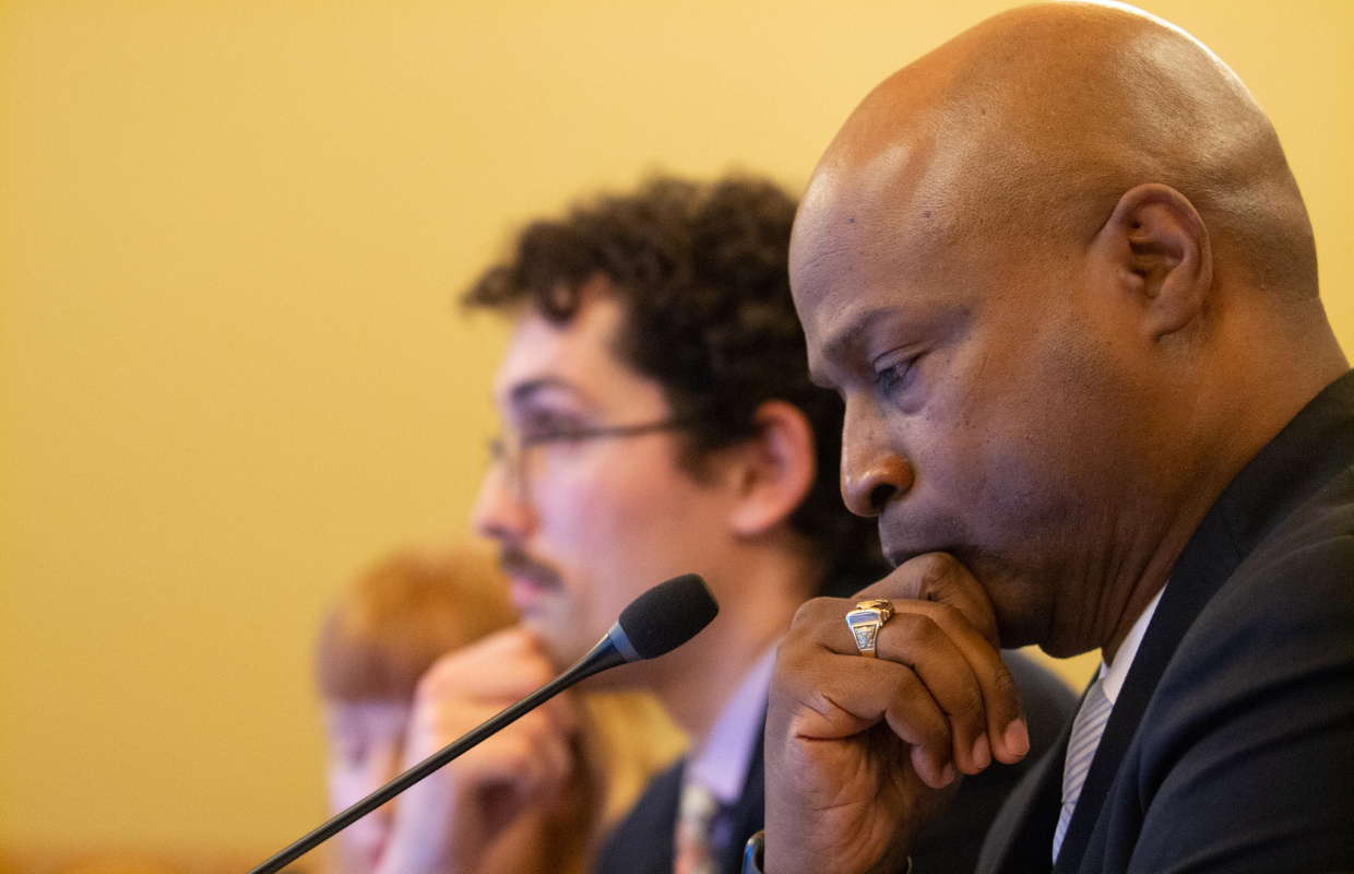 House Speaker Emanuel “Chris” Welch is pictured with members of the Illinois Legislative Staff Association organizing committee testifying in front of an October 2023 committee hearing. (Capitol News Illinois photo by Jerry Nowicki)