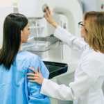 Woman receiving mammogram