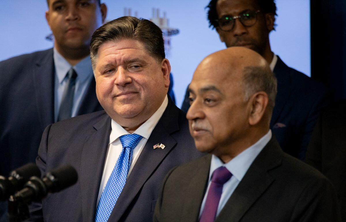 Gov. JB Pritzker watches as IBM CEO Arvind Krishna describes his company’s plan to set up a state-of-the-art quantum computer at the Illinois Quantum and Microelectronics Park on Chicago’s South Side.