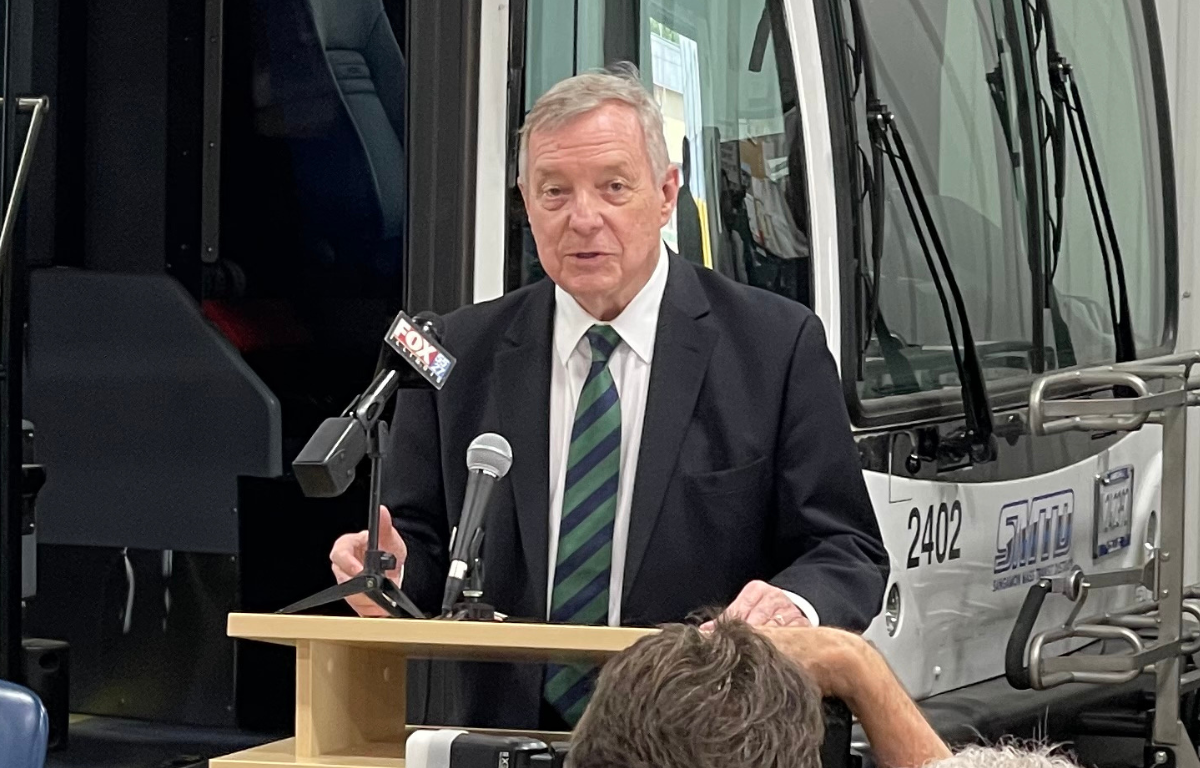 U.S. Sen. Dick Durbin at SMTD news conference to celebrate federal grant for new diesel-hybrid and natural gas buses on July 17, 2024.