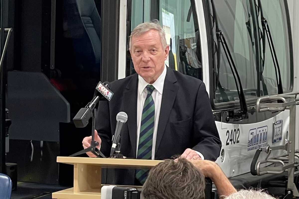 U.S. Sen. Dick Durbin at SMTD news conference to celebrate federal grant for new diesel-hybrid and natural gas buses on July 17, 2024.