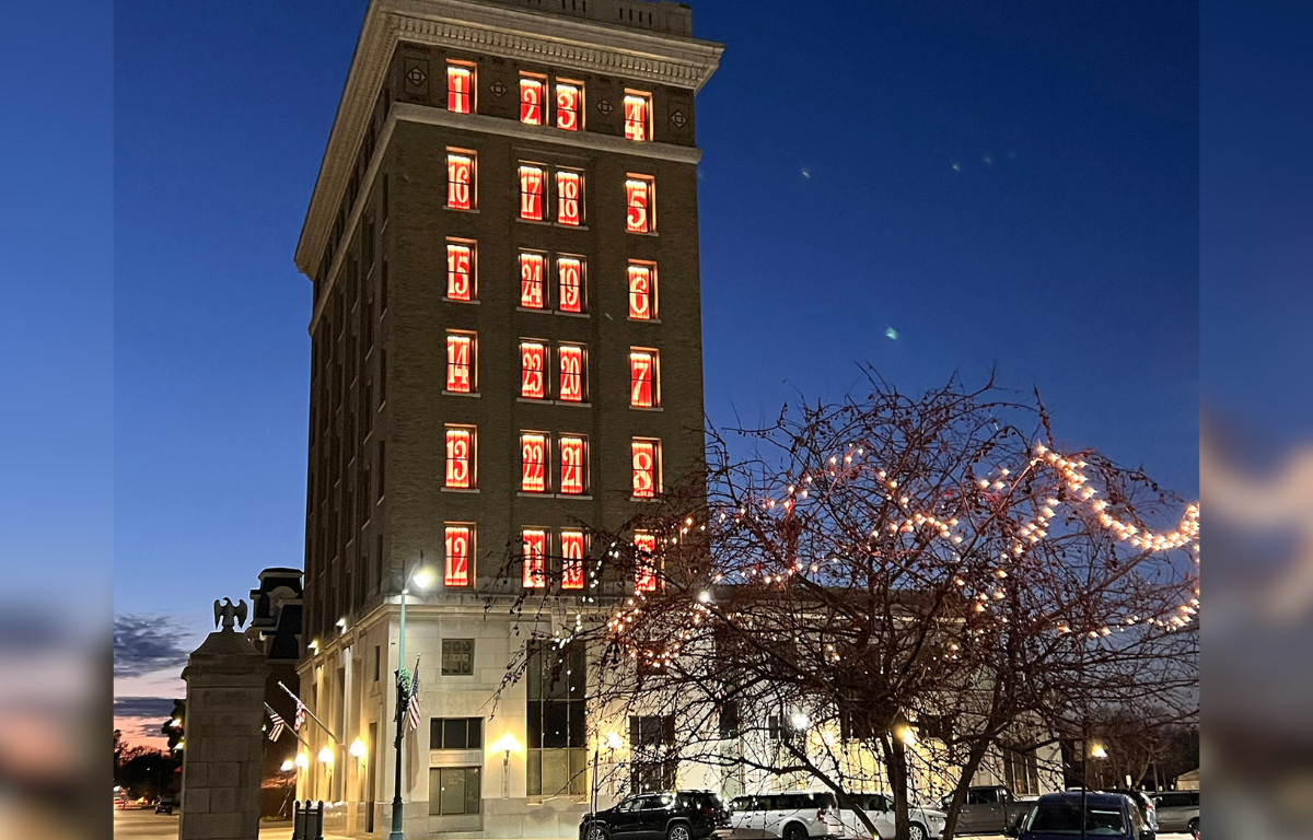 Advent calendar in windows of the Farmers State Bank and Trust Company