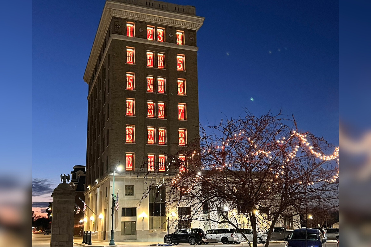 Advent calendar in windows of the Farmers State Bank and Trust Company