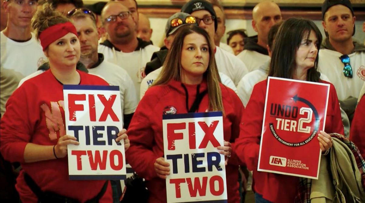 Union members rally at the Illinois Capitol in November to call for pension reform.