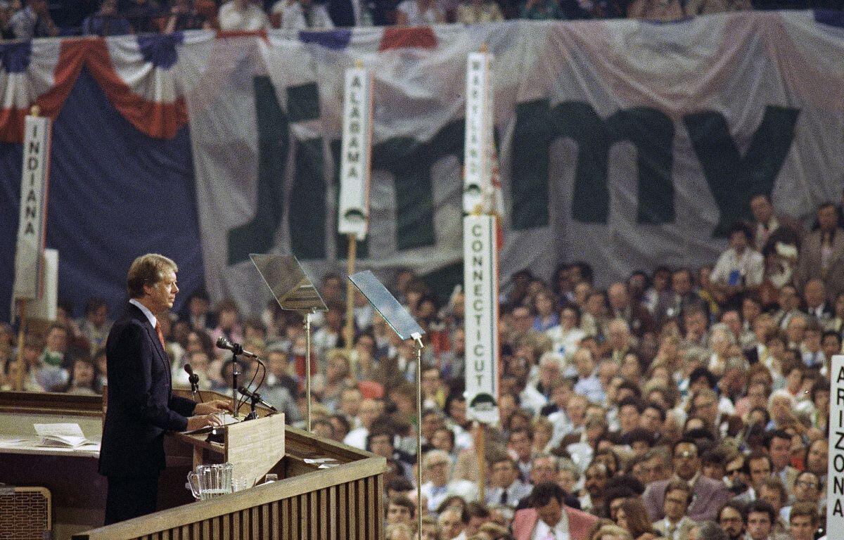 Jimmy Carter gives his acceptance speech after accepting the Democratic nomination for president on the convention floor, July 15, 1976, at New York's Madison Square Garden. (AP Photo, File)