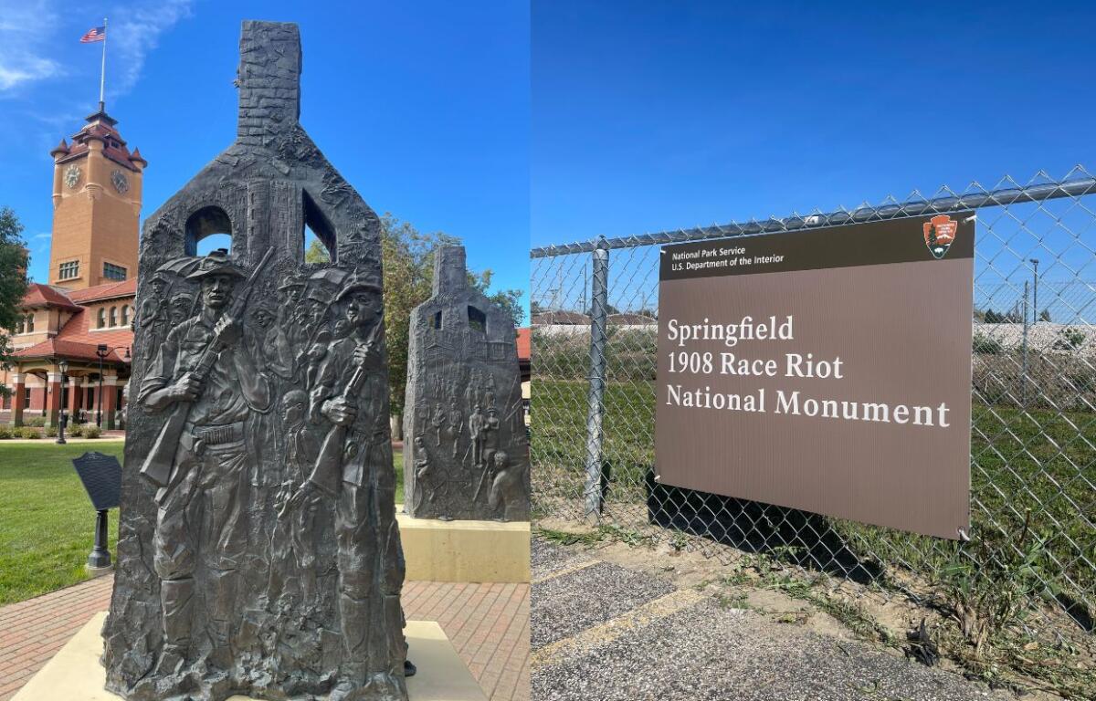1908 Race Riot sculptures in downtown Springfield and sign marking official Race Riot site.