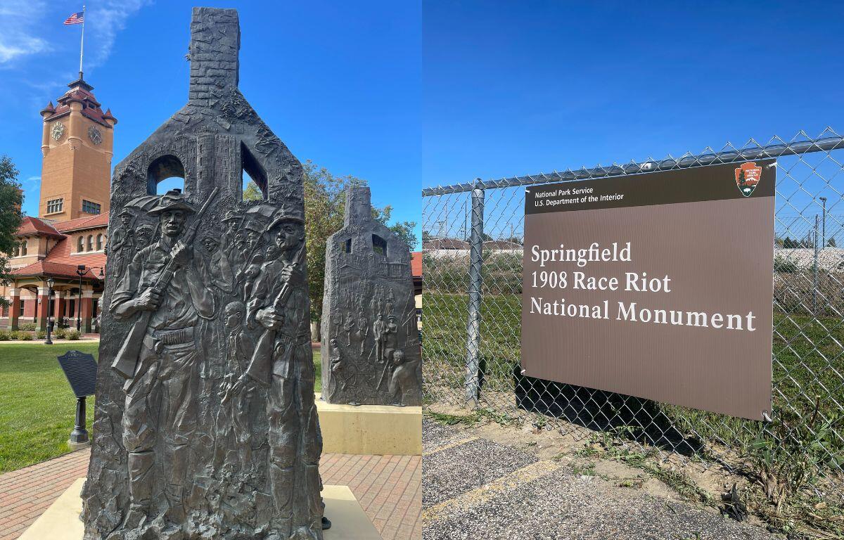 1908 Race Riot sculptures in downtown Springfield and sign marking official Race Riot site.