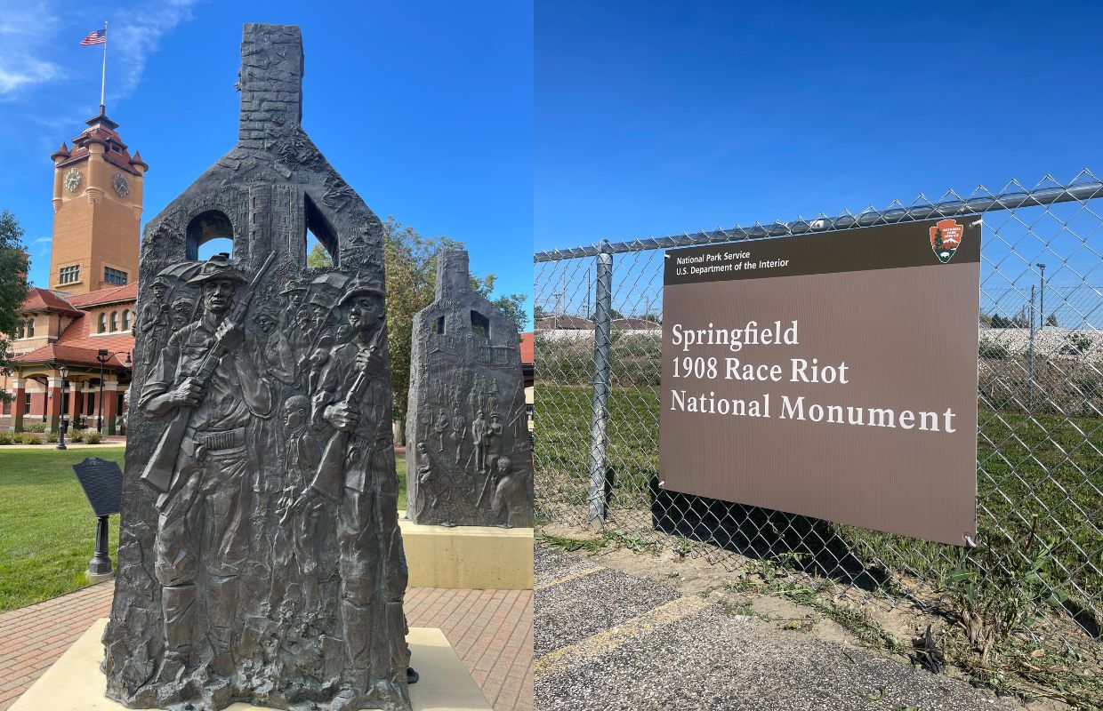 1908 Race Riot sculptures in downtown Springfield and sign marking official Race Riot site.