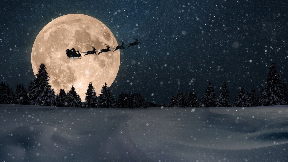 Santa and his sleigh passing in front of the moon