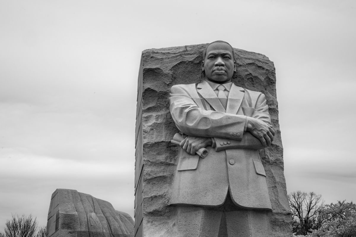 Black and white of Lei Yixin's granite statue “The Stone of Hope”, part of the Martin Luther King, Jr. Memorial. a national memorial located in West Potomac Park.