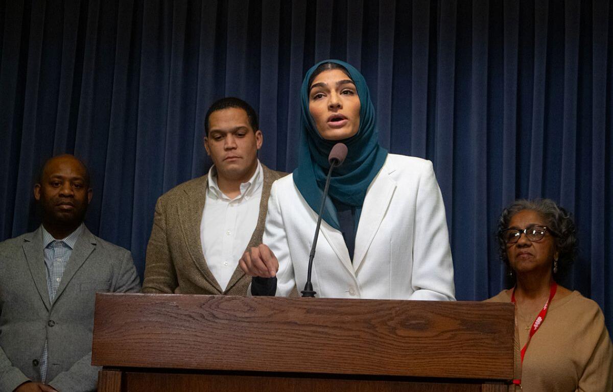 State Rep. Nabeela Syed speaks to members of the media at the Illinois Capitol about the proposed Illinois prescription drug affordability board on Jan. 29, 2025. (Medill Illinois News Bureau photo by Ismael M. Belkoura)