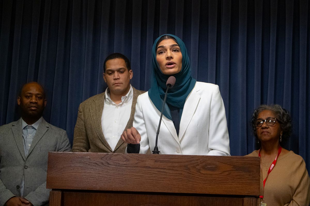 State Rep. Nabeela Syed speaks to members of the media at the Illinois Capitol about the proposed Illinois prescription drug affordability board on Jan. 29, 2025. (Medill Illinois News Bureau photo by Ismael M. Belkoura)
