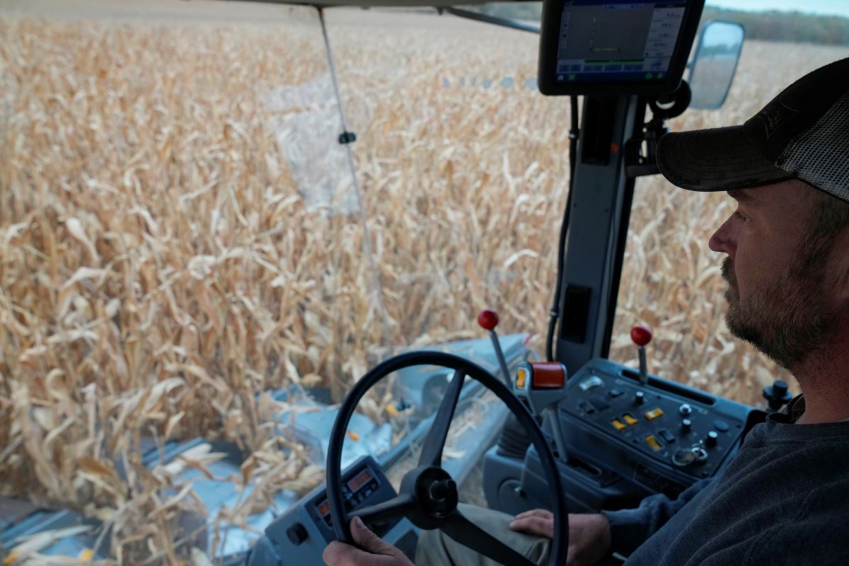 Farmer working in corn field during cold weather