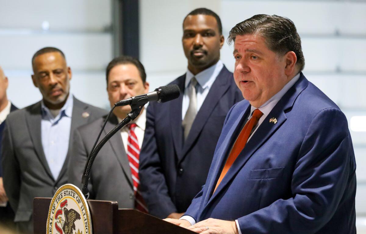 Gov. JB Pritzker speaks at a news conference with lawmakers and representatives of Pace Suburban Bus in Markham on Friday, Feb. 7, 2025. (Capitol News Illinois photo by Andrew Adams)