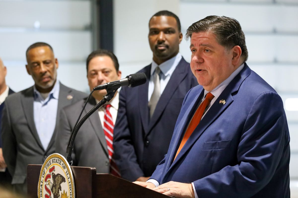 Gov. JB Pritzker speaks at a news conference with lawmakers and representatives of Pace Suburban Bus in Markham on Friday, Feb. 7, 2025. (Capitol News Illinois photo by Andrew Adams)