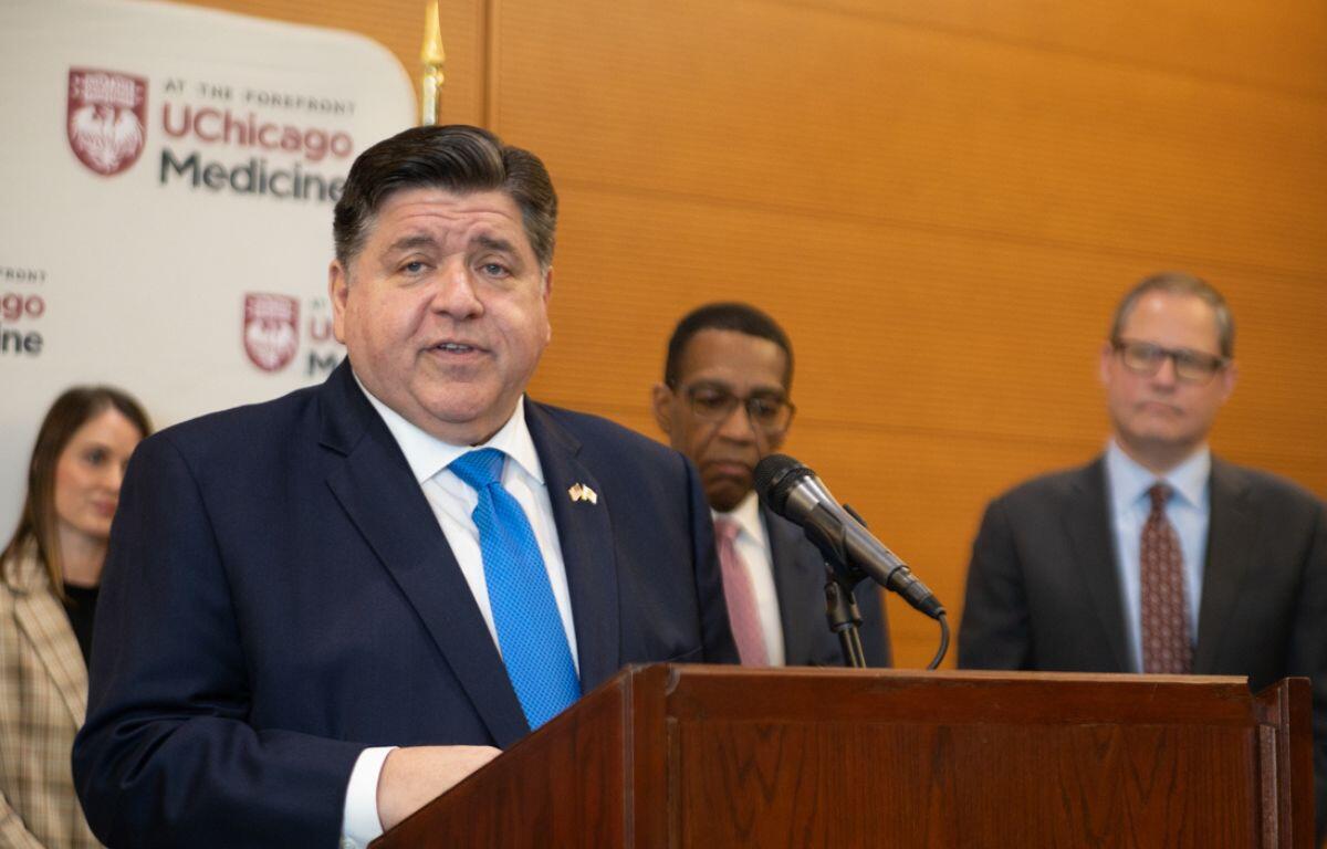 Gov. JB Pritzker speaks with reporters during a news conference at University of Chicago Medicine Wednesday, Feb. 26, 2025. (Capitol News Illinois photo by Andrew Adams)