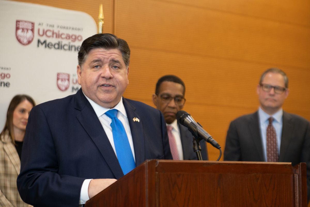 Gov. JB Pritzker speaks with reporters during a news conference at University of Chicago Medicine Wednesday, Feb. 26, 2025. (Capitol News Illinois photo by Andrew Adams)
