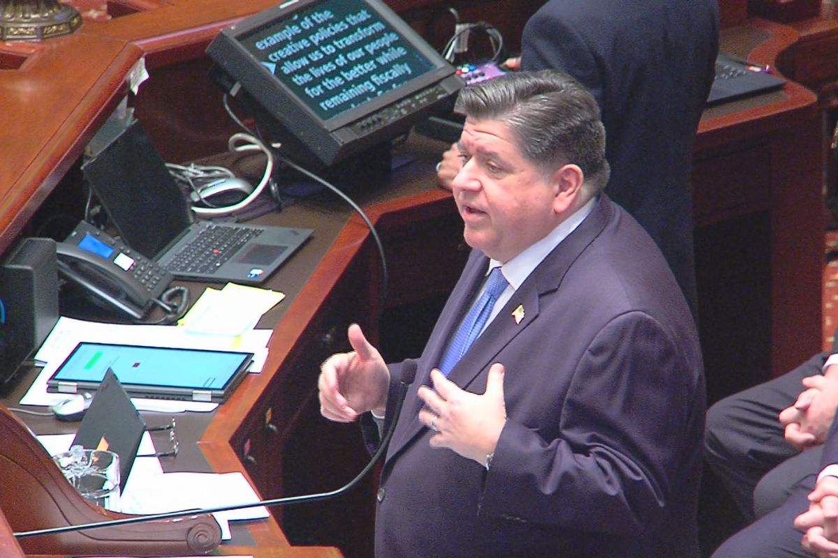 Gov. JB Pritzker gives State of the State and budget address on Feb. 19, 2025 at Illinois State Capitol.