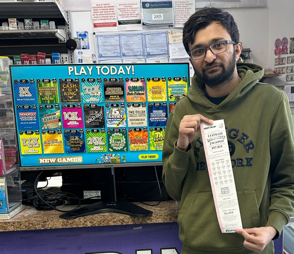 Milan K. Patel sold the $3.1 million winning Ultimate Diamond Jackpot ticket at Komal Wine and Liquor in Chicago.
