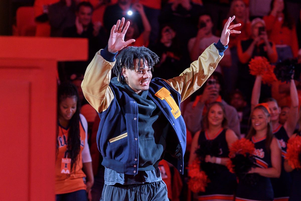 Former Illinois player Terrence Shannon Jr. is introduced to the crowd to honor his jersey number during an NCAA college basketball game against Michigan State, Saturday, Feb. 15, 2025, in Champaign, Ill. (AP Photo/Craig Pessman)