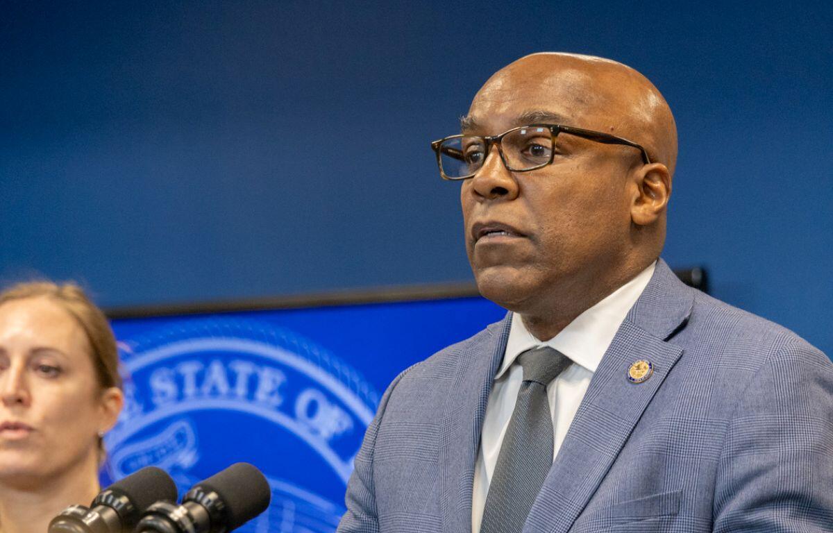Illinois Attorney General Kwame Raoul discusses a lawsuit against the federal government at a news conference in January 2025. (Capitol News Illinois photo by Andrew Adams)