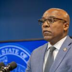 Illinois Attorney General Kwame Raoul discusses a lawsuit against the federal government at a news conference in January 2025. (Capitol News Illinois photo by Andrew Adams)