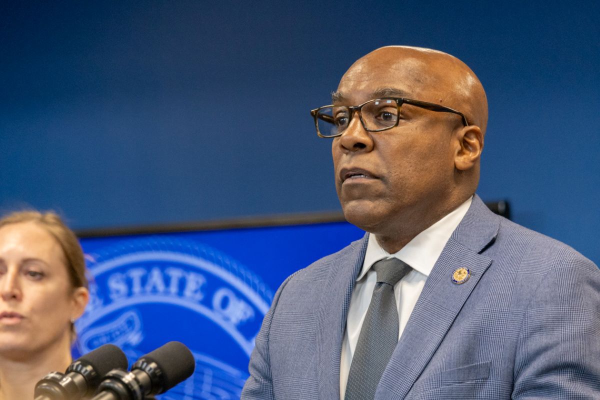 Illinois Attorney General Kwame Raoul discusses a lawsuit against the federal government at a news conference in January 2025. (Capitol News Illinois photo by Andrew Adams)