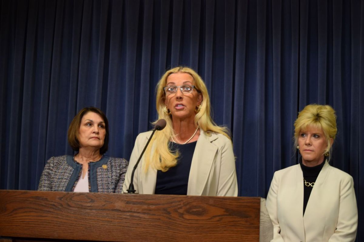 Sen. Sue Rezin, R-Morris, talks about her fentanyl-related legislation at a news conference in the Capitol on Thursday. (Capitol News Illinois photo by Jade Aubrey)
