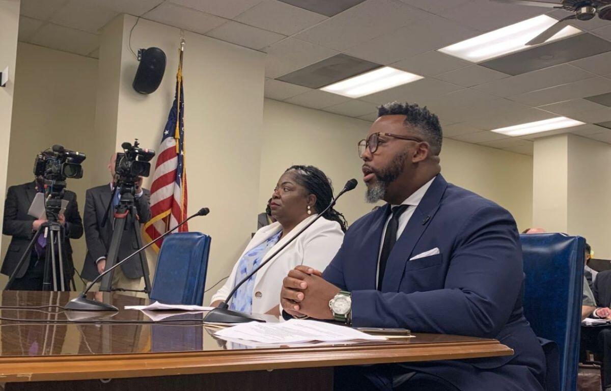 Rep. Kam Buckner, D-Chicago, right, presents a bill in the House Judiciary- Criminal Committee on Tuesday, March 18, 2025, alongside Anjanette Young. (Capitol News Illinois photo by Ben Szalinski)