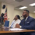 Rep. Kam Buckner, D-Chicago, right, presents a bill in the House Judiciary- Criminal Committee on Tuesday, March 18, 2025, alongside Anjanette Young. (Capitol News Illinois photo by Ben Szalinski)