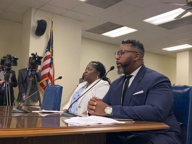 Rep. Kam Buckner, D-Chicago, right, presents a bill in the House Judiciary- Criminal Committee on Tuesday, March 18, 2025, alongside Anjanette Young. (Capitol News Illinois photo by Ben Szalinski)