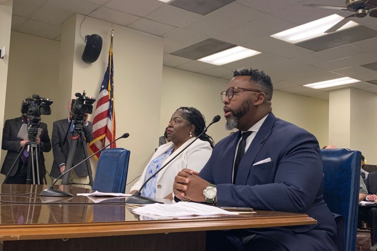 Rep. Kam Buckner, D-Chicago, right, presents a bill in the House Judiciary- Criminal Committee on Tuesday, March 18, 2025, alongside Anjanette Young. (Capitol News Illinois photo by Ben Szalinski)