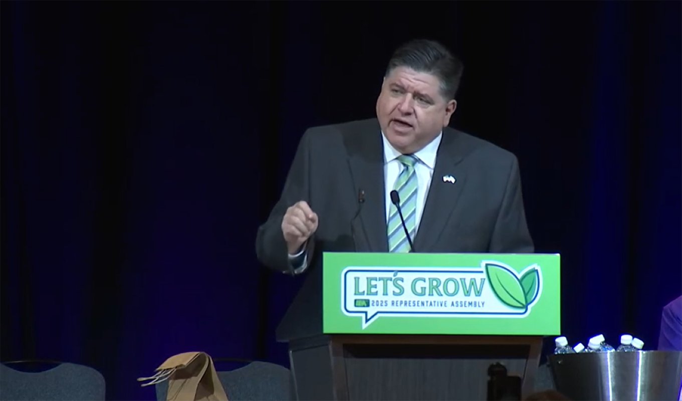 Gov. JB Pritzker lashes out at the Trump administrations over mass layoffs at the U.S. Department of Education and its attempts to dismantle the agency during remarks to a gathering of Illinois Education Association officials on Thursday, March 13, 2025. (Credit: Illinois.gov)