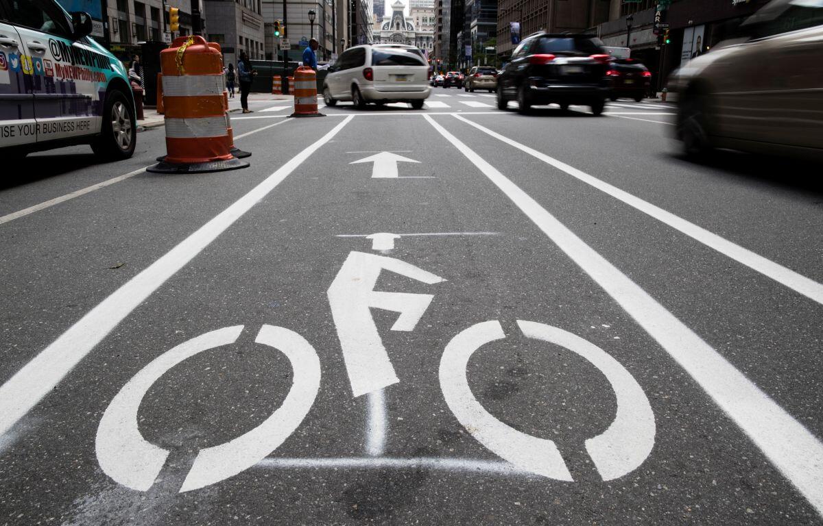 A bicycle lane along Market Street in Philadelphia, on June 4, 2018. (AP Photo/Matt Rourke, File)