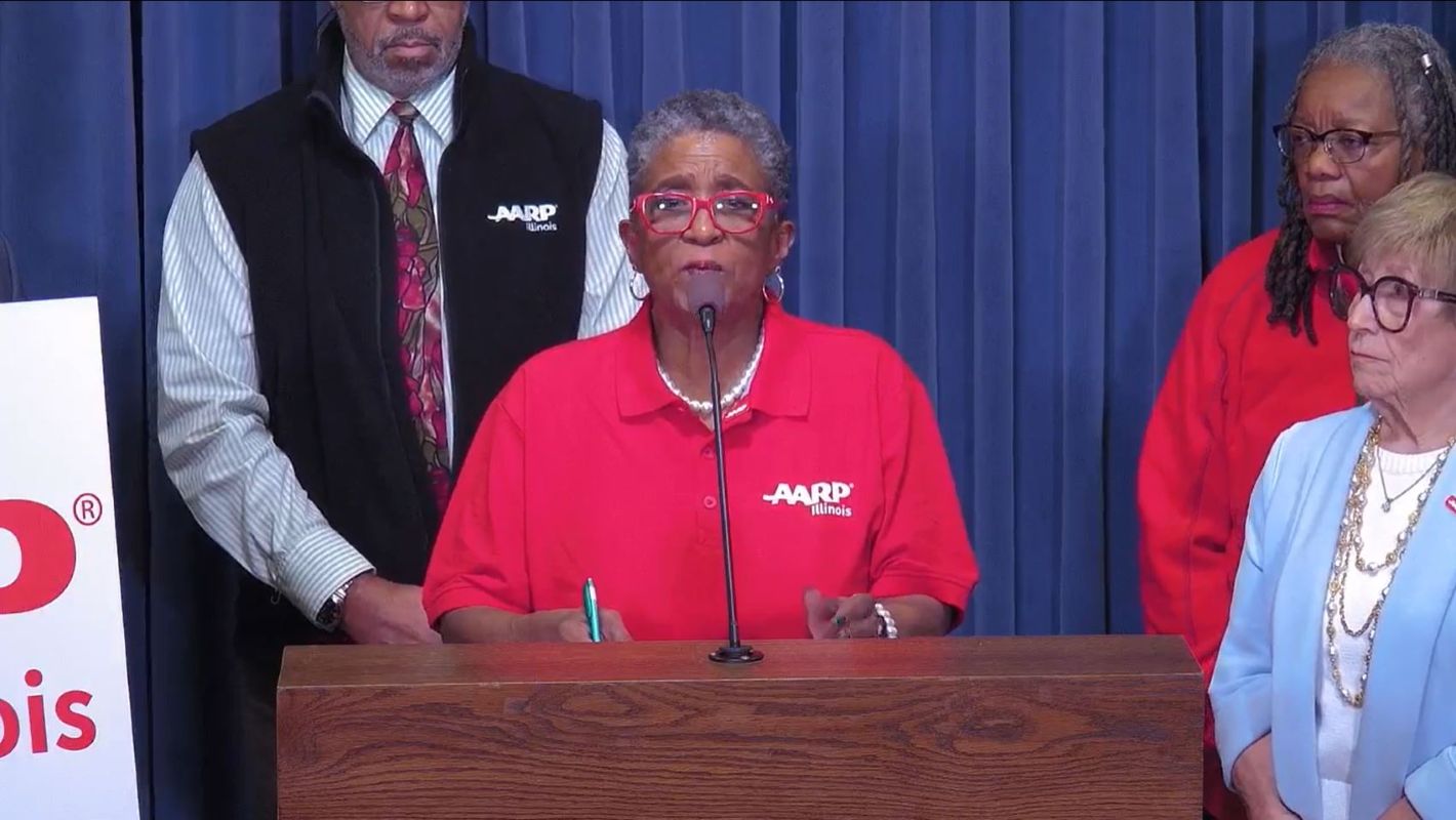 Candace Trees, a 71-year-old retiree from Springfield, speaks about the challenges of applying for Social Security benefits Thursday, April 10, at the Illinois state capitol. Trees described the current process as “frustrating.” Photo via April 10 Facebook live stream, AARP Illinois.