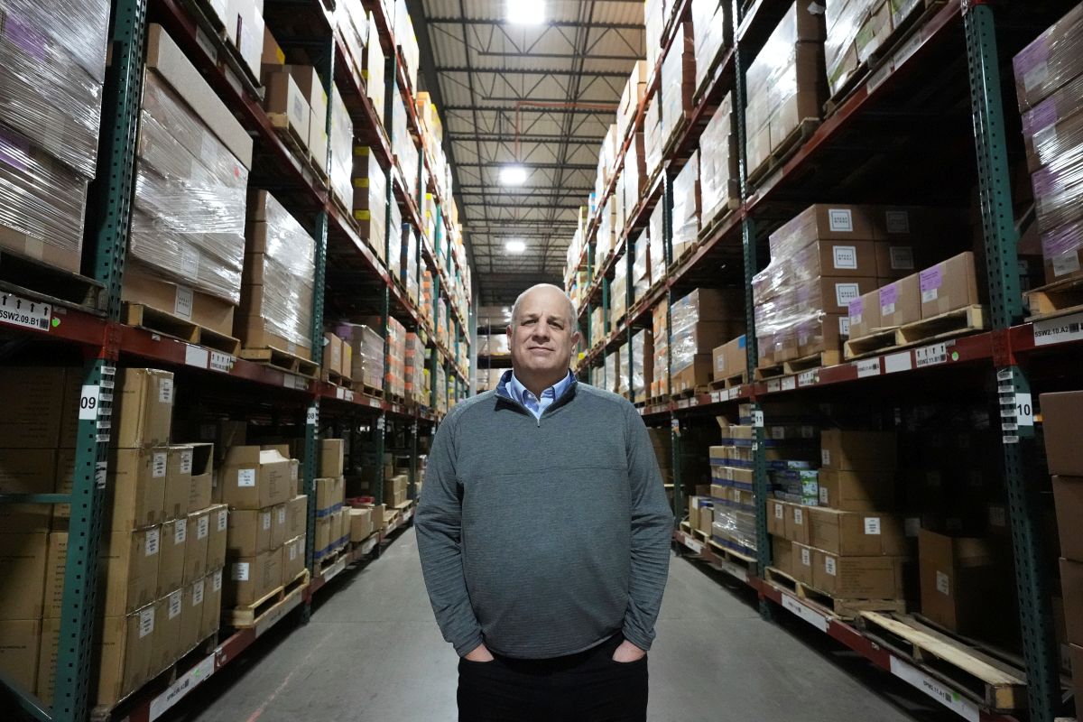 Rick Woldenberg, CEO of Learning Resources, an educational toy company whose products are manufactured in China, stands at a warehouse in Vernon Hills, Ill., Friday, April 11, 2025. (AP Photo/Nam Y. Huh)