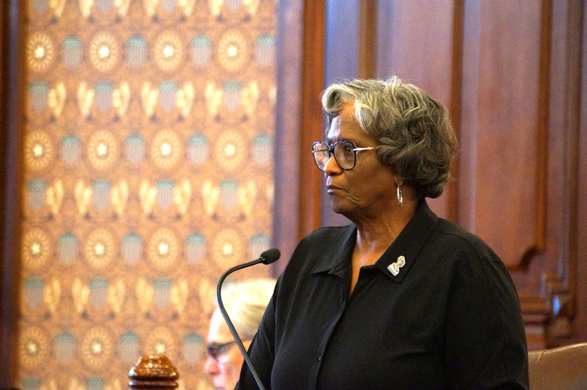 Visuals: Sen. Doris Turner, D-Springfield, speaks on the Senate floor on Thursday, April 10, 2025. (Capitol News Illinois photo by Peter Hancock)