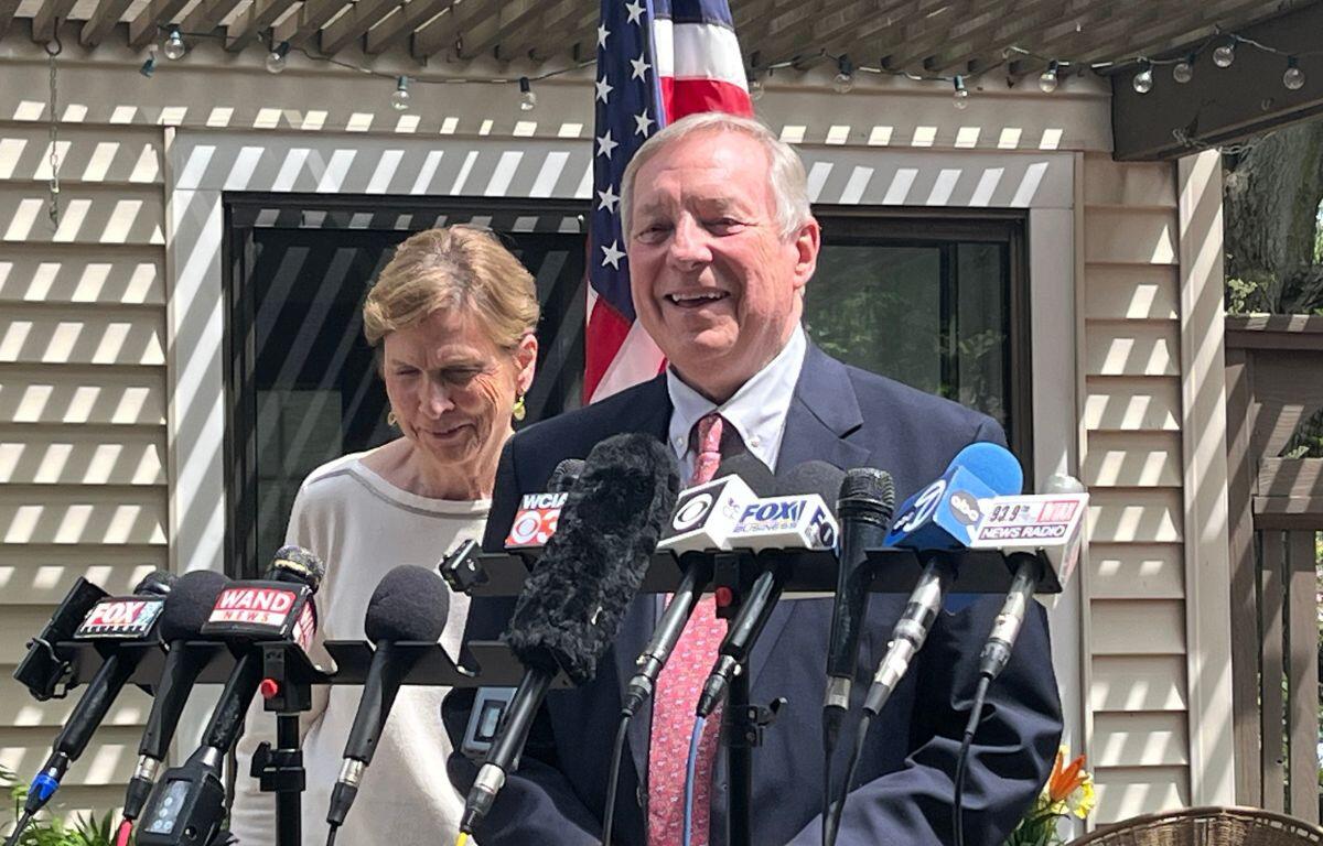 Dick Durbin at a press conference in his home's backyard in Springfield on April 24, 2025, one day after he announced he would not seek reelection.