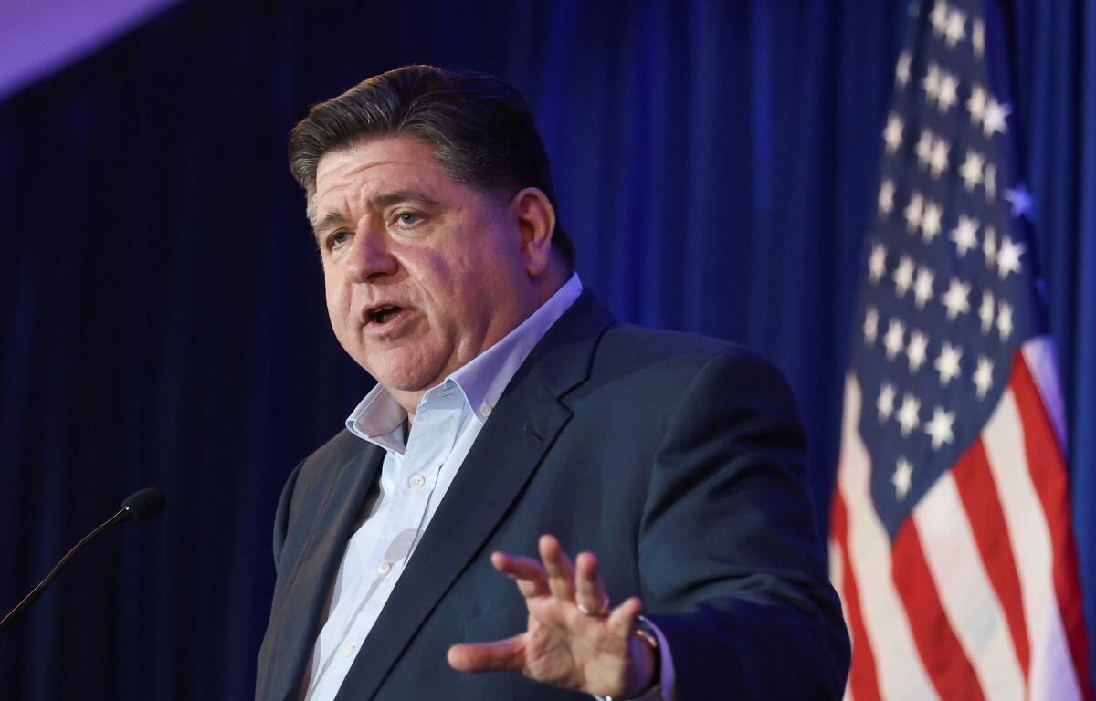 Gov. JB Pritzker speaks during the McIntyre-Shaheen 100 Club Dinner, Sunday April 27, 2025, in Manchester, N.H. (AP Photo/Reba Saldanha)