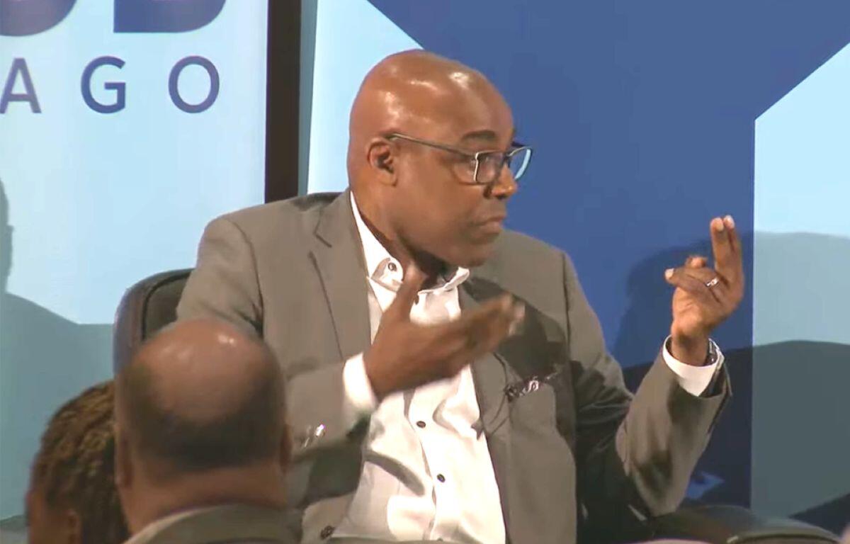 Illinois Attorney General Kwame Raoul answers questions during a luncheon interview at the City Club of Chicago on April 1, 2025. (Credit: City Club of Chicago)