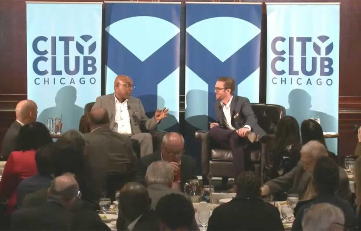 Attorney General Kwame Raoul, left, answers questions from City Club of Chicago CEO Dan Gibbon during a luncheon appearance Tuesday, April 1, 2025. (Credit: City Club of Chicago)