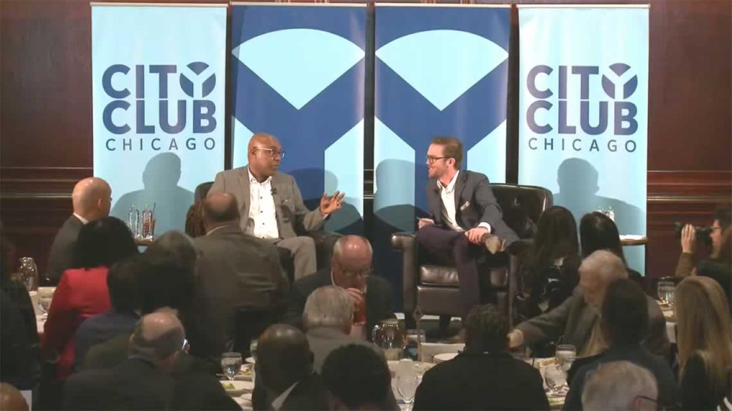 Attorney General Kwame Raoul, left, answers questions from City Club of Chicago CEO Dan Gibbon during a luncheon appearance Tuesday, April 1, 2025. (Credit: City Club of Chicago)