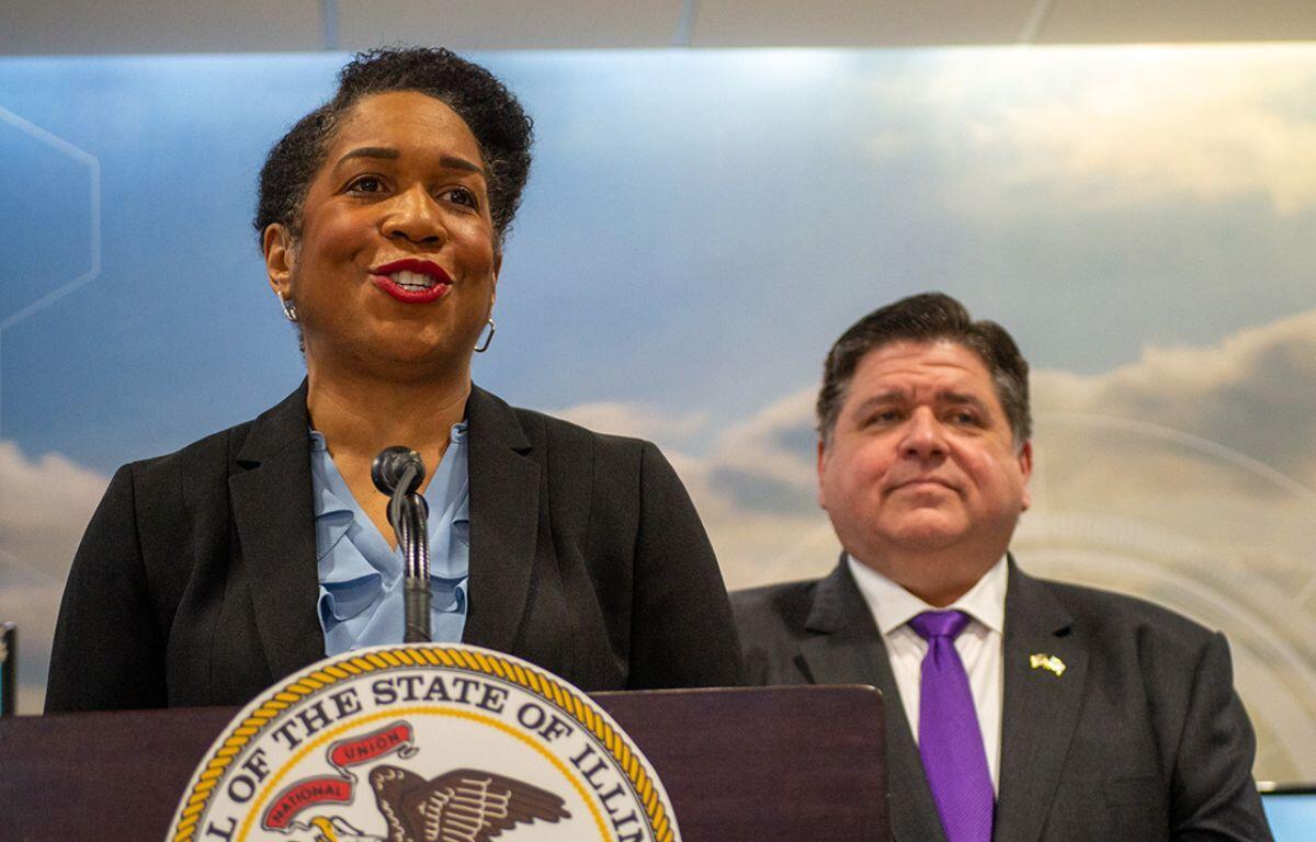 Lt. Gov. Juliana Stratton is pictured at a news conference at a Springfield community college in 2023 alongside Gov. JB Pritzker. (Capitol News Illinois photo by Jerry Nowicki)
