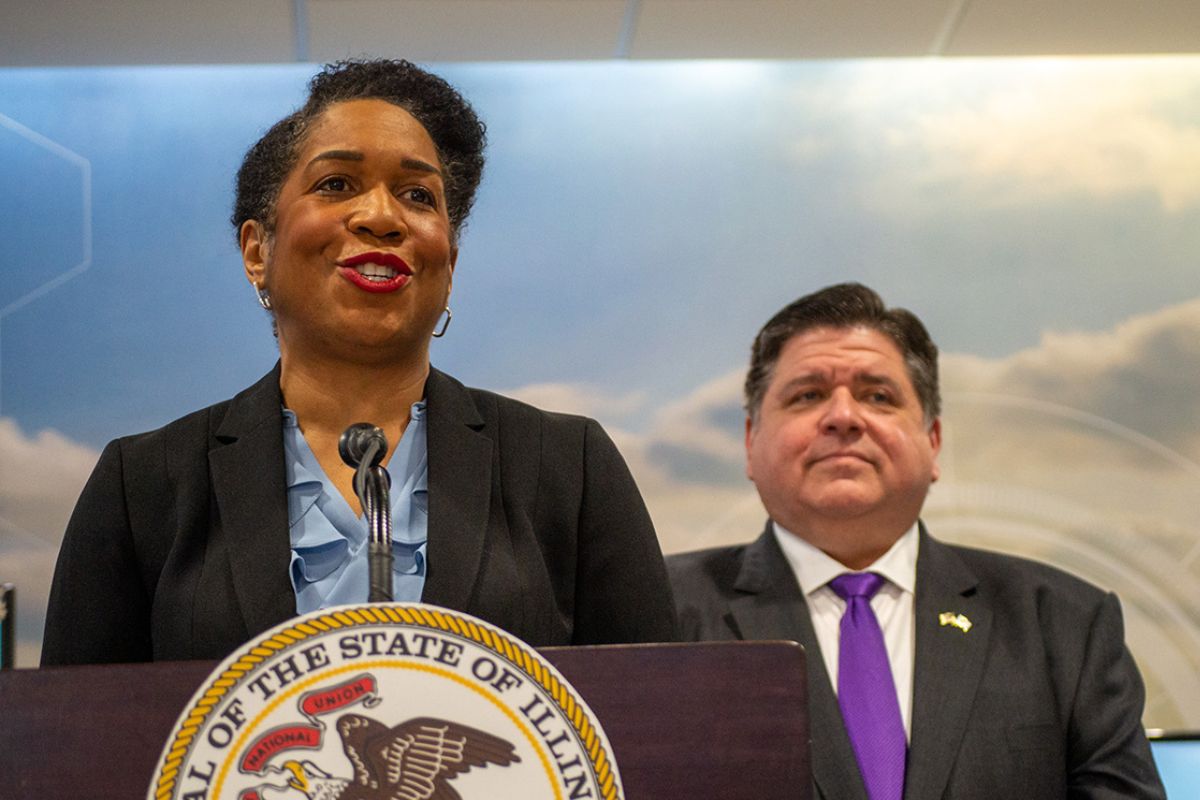 Lt. Gov. Juliana Stratton is pictured at a news conference at a Springfield community college in 2023 alongside Gov. JB Pritzker. (Capitol News Illinois photo by Jerry Nowicki)